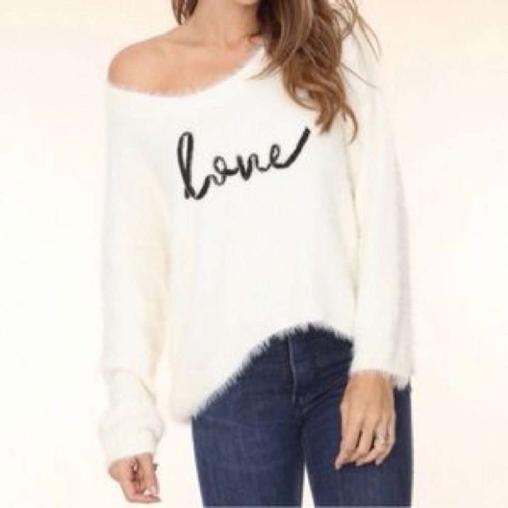 Off-the-Shoulder Cream 'Love' Fuzzy Sweater